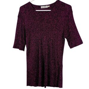 Dressbarn Womens Ribbed Spakle Metallic Short Sleeve Top Size L Burgundy